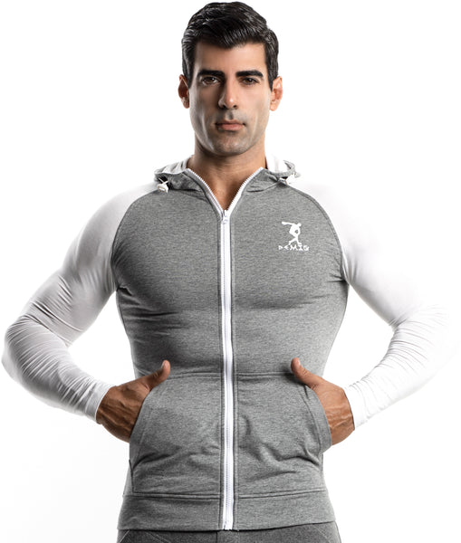 Mens Gray Zip Up Hoodie Slim Fit with Kanga Pockets Made with Organic Cotton and Microfiber - DEMIG