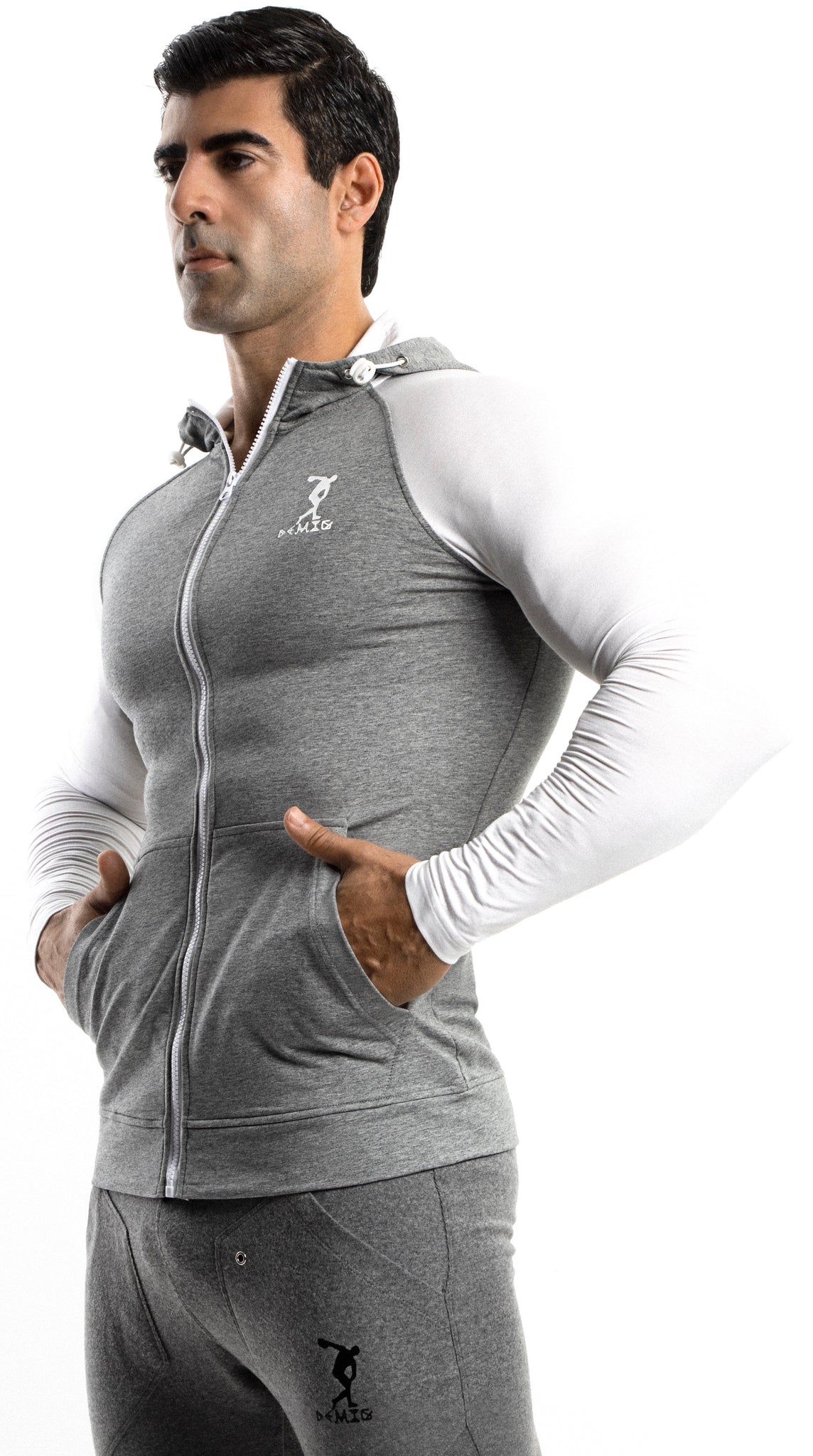 Mens Gray Zip Up Hoodie Slim Fit with Kanga Pockets Made with Organic Cotton and Microfiber - DEMIG
