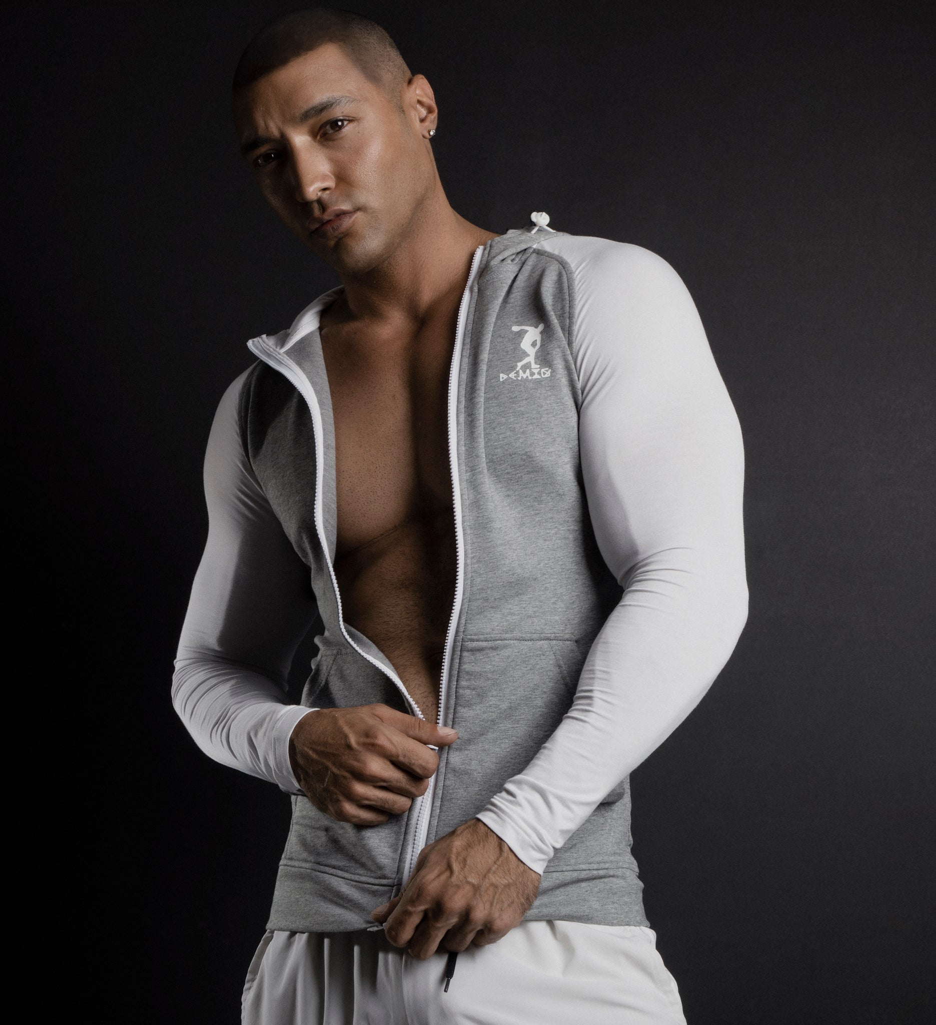 Mens Gray Zip Up Hoodie Slim Fit with Kanga Pockets Made with Organic Cotton and Microfiber - DEMIG