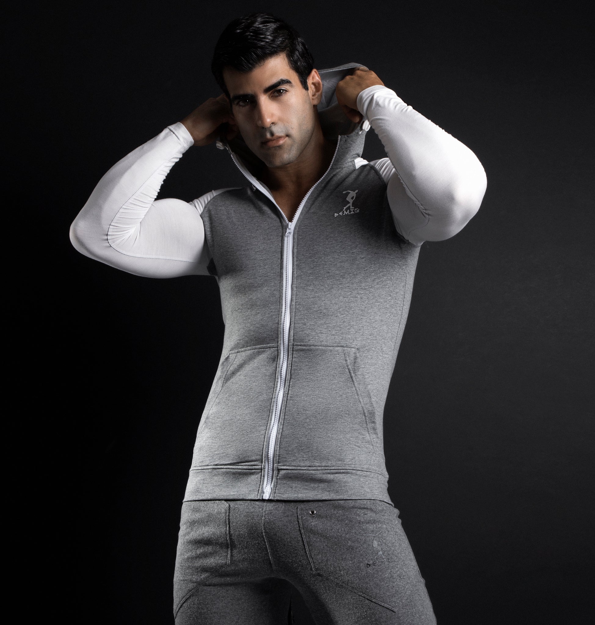 Mens Gray Zip Up Hoodie Slim Fit with Kanga Pockets Made with Organic Cotton and Microfiber - DEMIG