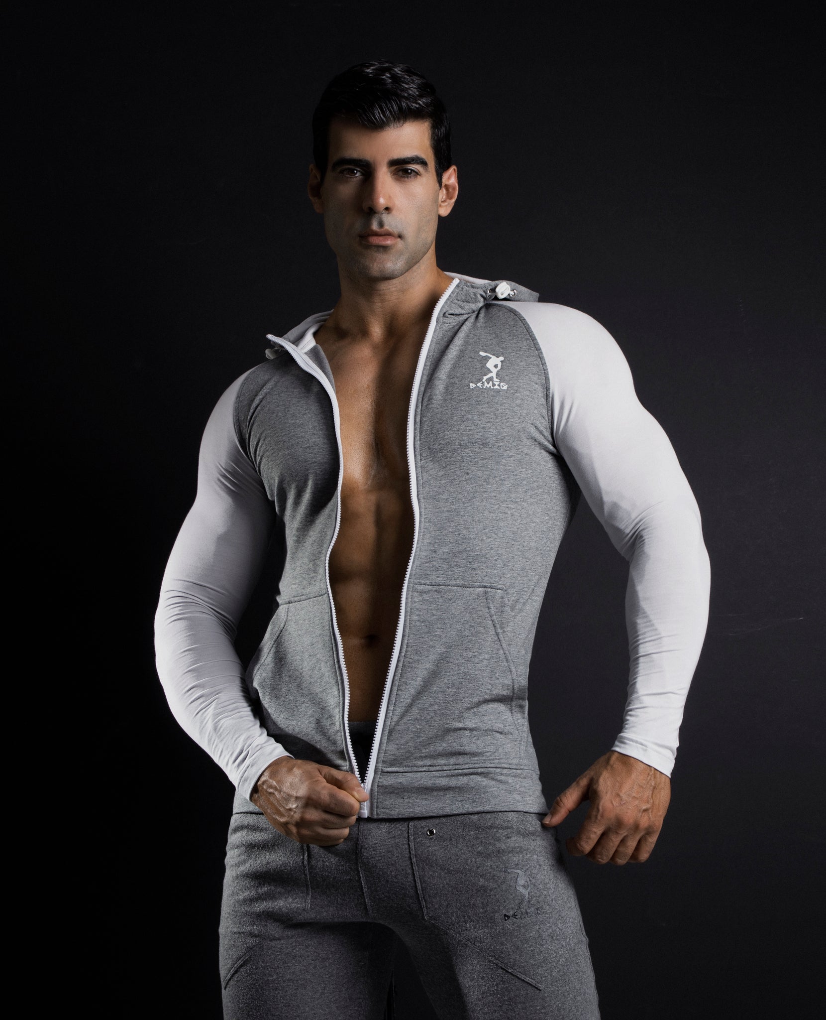 Mens Gray Zip Up Hoodie Slim Fit with Kanga Pockets Made with Organic Cotton and Microfiber - DEMIG